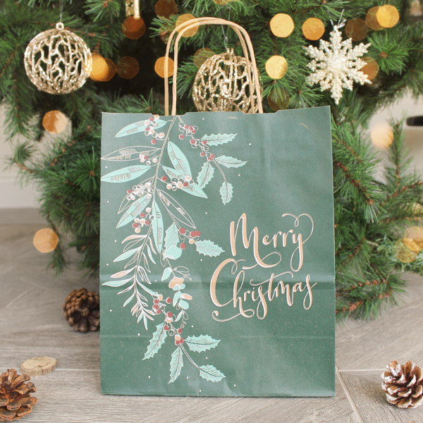 Christmas paper gift bag green foliage medium | Refillability Devon